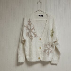 33 Degrees White and Gold Snowflake Cardigan, Women's XL